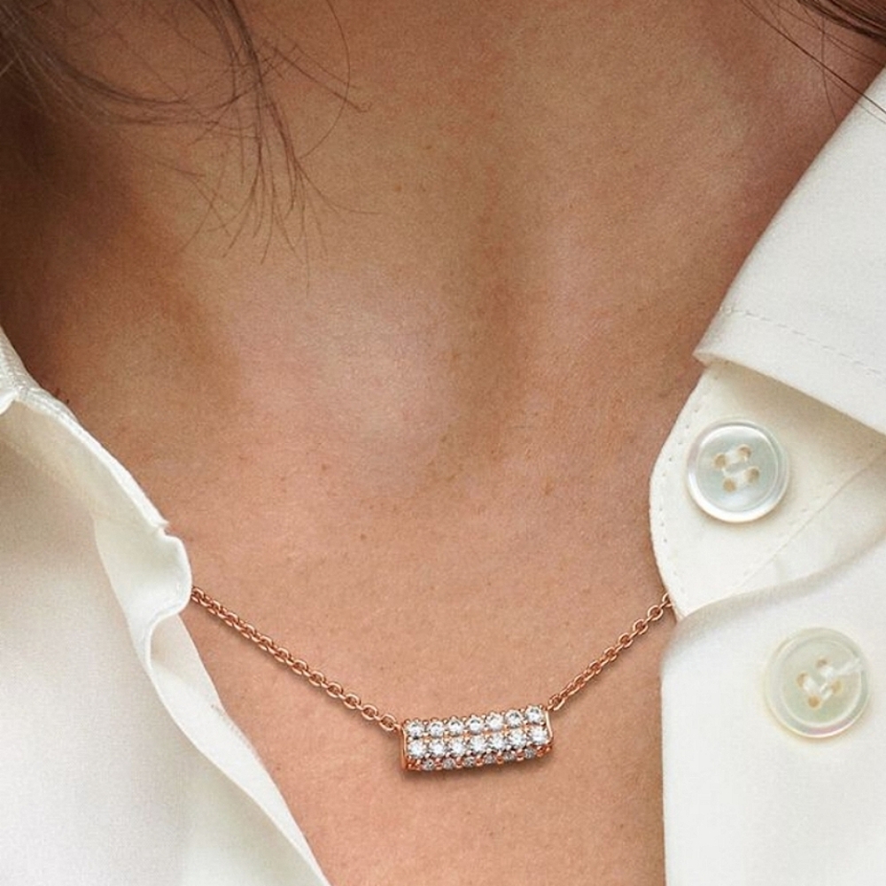 Authentic NEW Pandora Timeless Pavé Double-row CZ Bar Collier Necklace 14kRGP - Picture 5 of 11